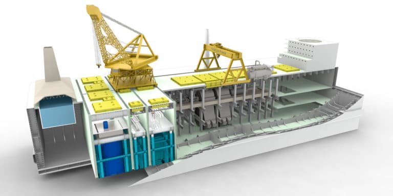 ThorConIsle cooling pond, fission power module, secondary heat exchanger cell, steam generator cell, turbine hall, switchgear hall.