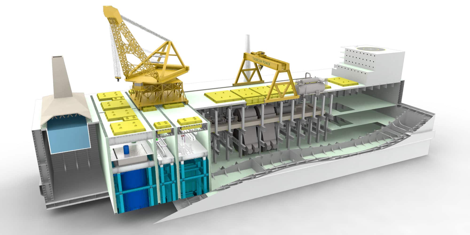 ThorConIsle cooling pond, fission power module, secondary heat exchanger cell, steam generator cell, turbine hall, switchgear hall.