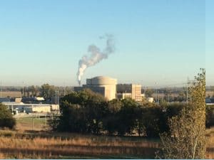 Just after sunrise on  crisp spring day. Neither solar nor wind would be producing any power. FCS cranking out 380 MWe without smokestacks.