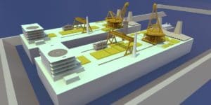 Two 500 MWe ThorConIsle power plants, illustrating Can exchange to service ship.