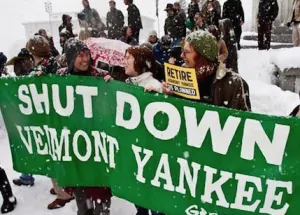 Activists rally outside the Statehouse following a vote by the Vermont Senate to retire the Vermont Yankee nuclear plant in 2012. Since the plant’s closing, energy derived from natural gas has increased more than 5 percent.