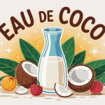 Illustration eau de coco recette carafe avec fruits exotiques et glaçons