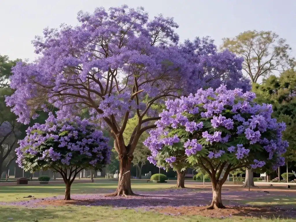 scène de grandes espèces d'arbres à fleurs violettes au jardin