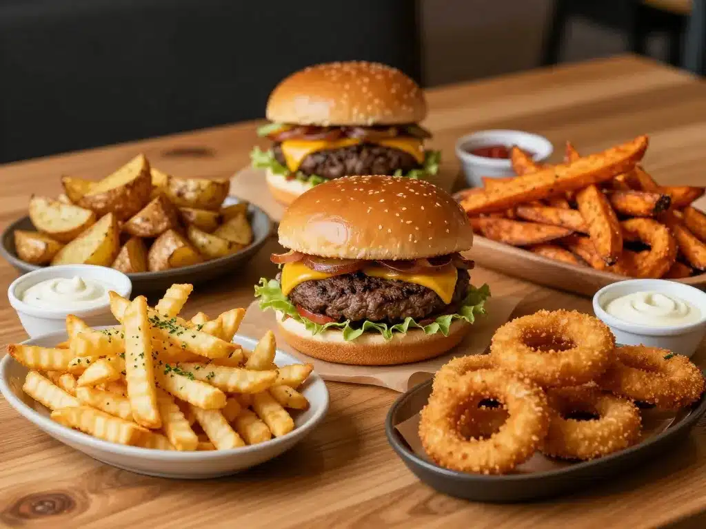 accompagnement burger frites wedges onion rings