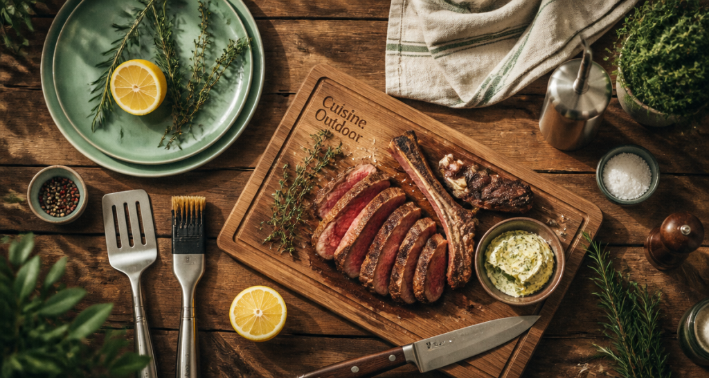Barbecue cuisine extérieure, plan de travail bois, ustensiles et herbes