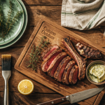 Barbecue cuisine extérieure, plan de travail bois, ustensiles et herbes