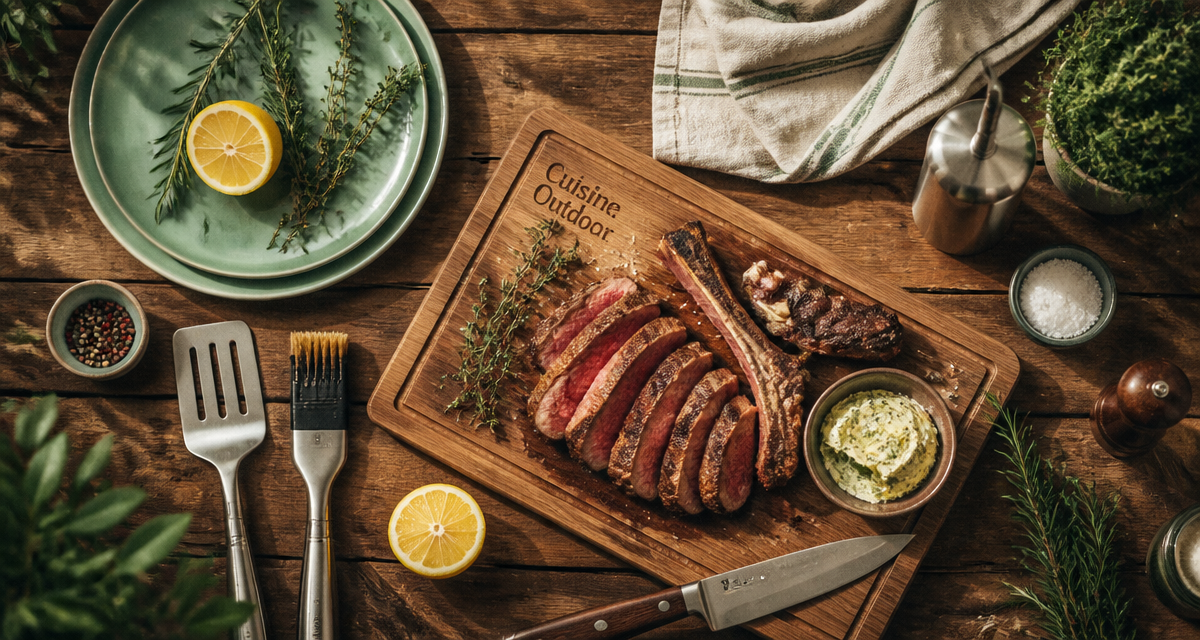 Barbecue cuisine extérieure, plan de travail bois, ustensiles et herbes