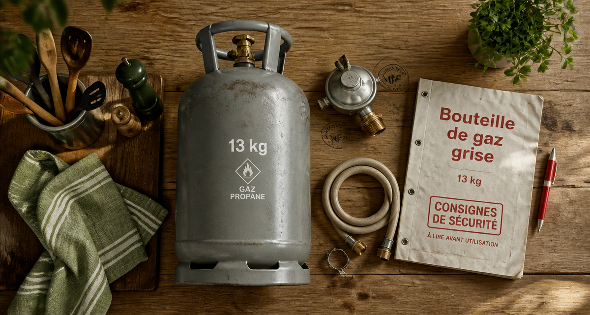 bouteille de gaz gris 13 kg sur plan de travail