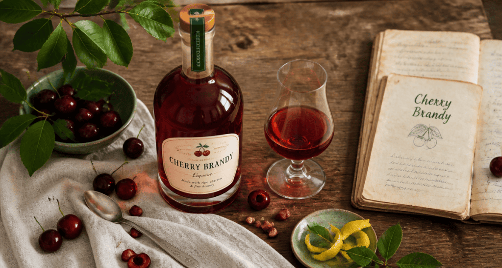 cherry brandy liqueur bouteille cerises sur table rustique