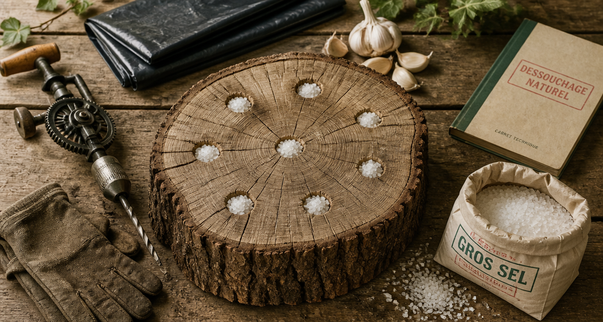 détruire une souche d'arbre avec du gros sel sur établi