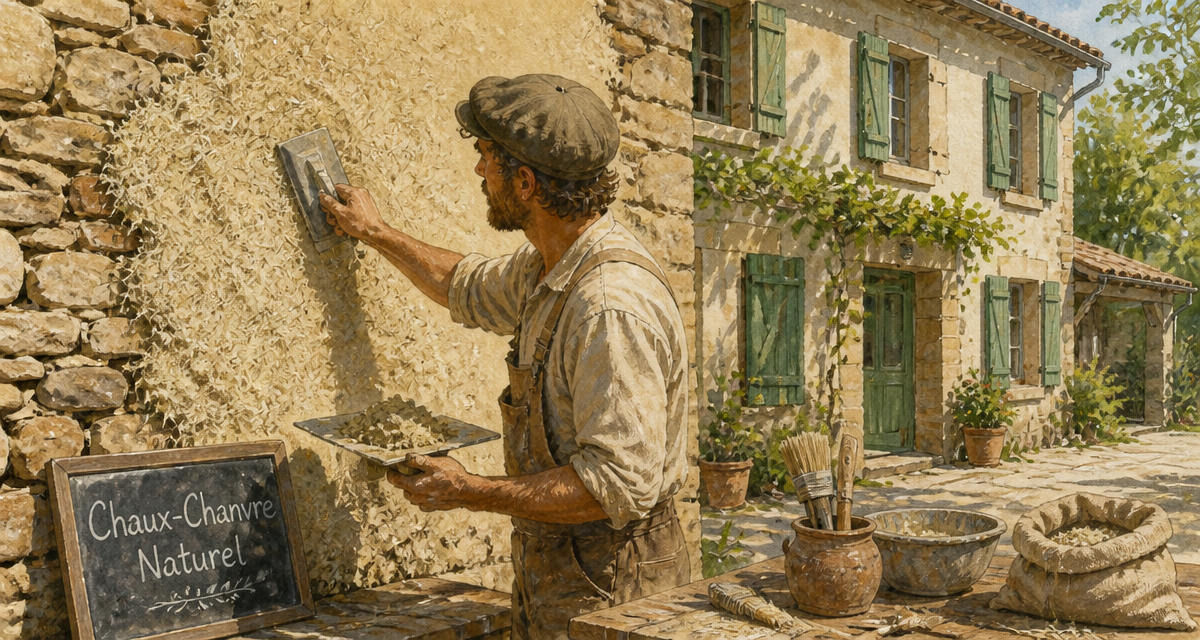 enduit chaux chanvre exterieur sur mur en pierre