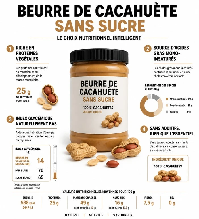 Infographie des bienfaits nutritionnels du beurre de cacahuète sans sucre ajouté