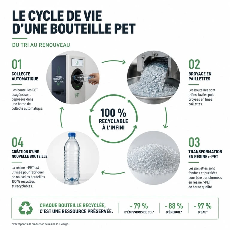 Infographie du cycle de recyclage des bouteilles plastique PET