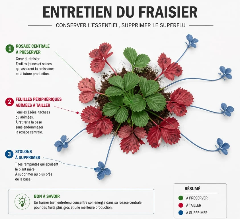 Schéma explicatif de la taille des feuilles des fraisiers avant l'hiver pour un entretien optimal