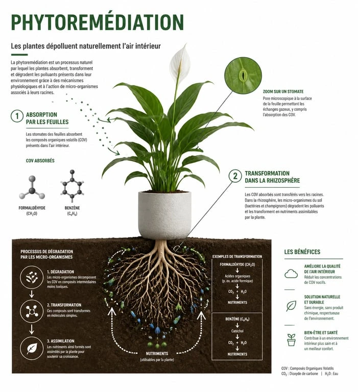 Infographie expliquant le fonctionnement des plantes d'intérieur dépolluantes et la phytoremédiation