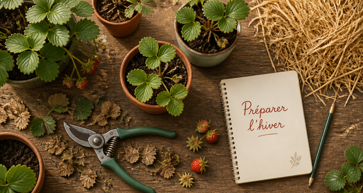 faut il couper les feuilles des fraisiers avant l'hiver plants nettoyés sécateur paille