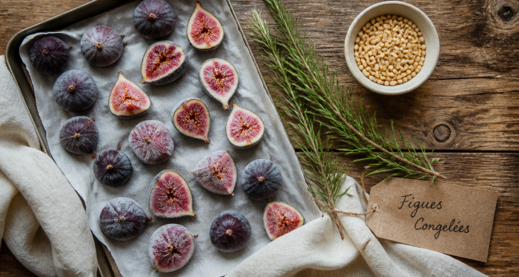 figues congelées alignées sur plaque avec pignons
