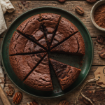 Gateau cacao moelleux découpé sur table