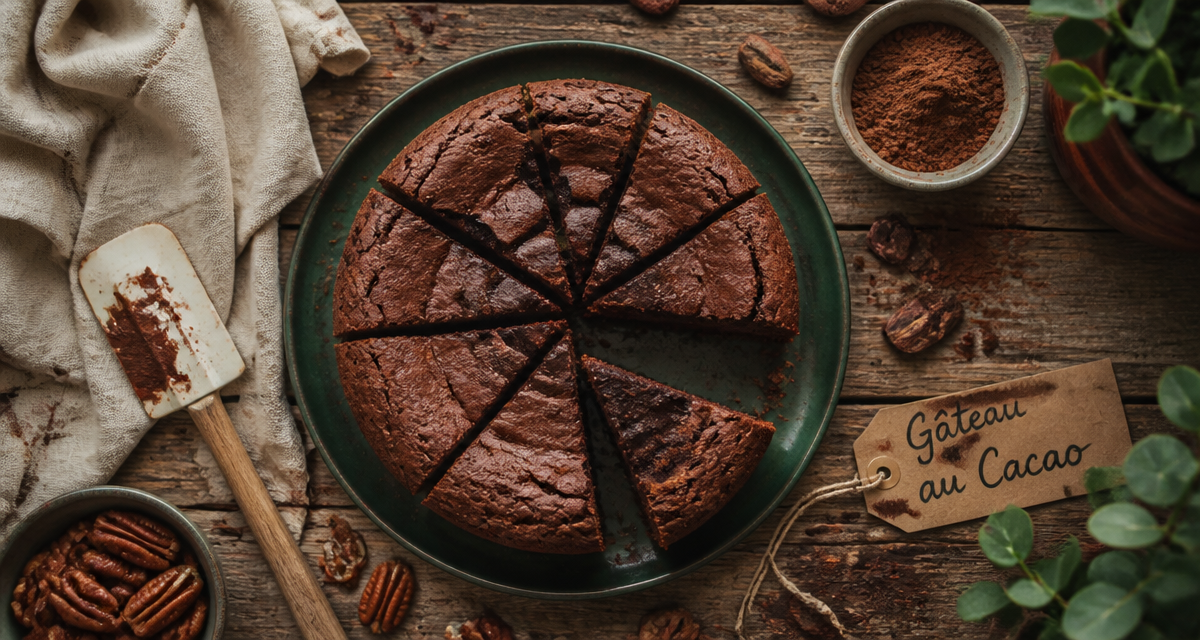 Gateau cacao moelleux découpé sur table