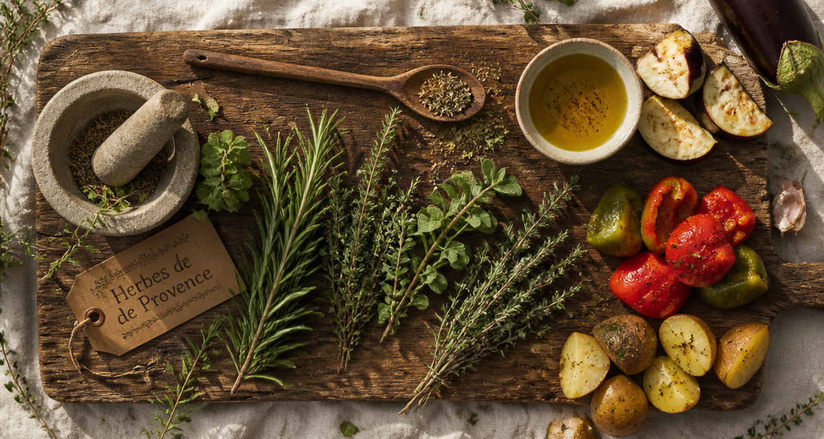 herbes de provence fraîches et séchées sur planche en bois
