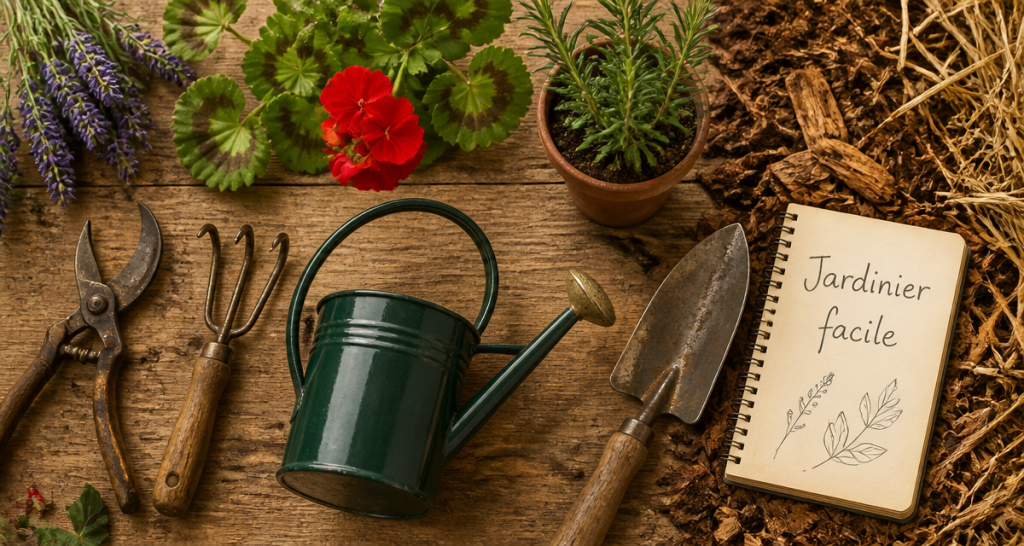 jardinier facile outils et plantes sur plan de travail