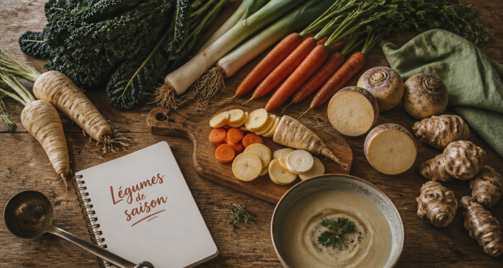légumes de saison janvier sur planche en bois