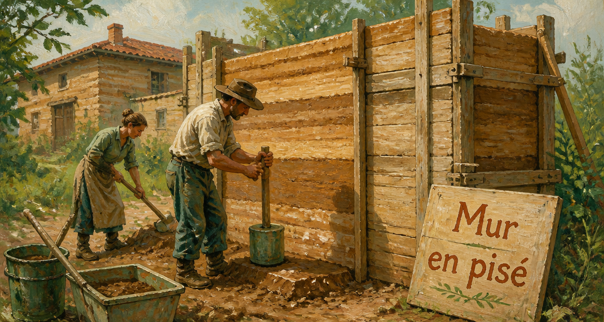 mur en pisé artisanal en chantier