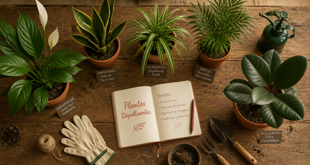 plantes d'intérieur dépolluante en pots sur table