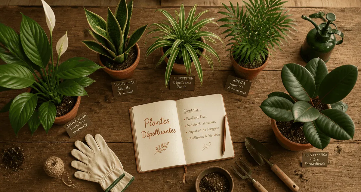 plantes d'intérieur dépolluante en pots sur table