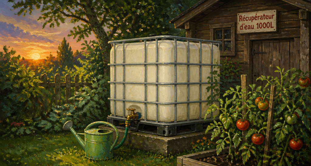 récupérateur d'eau 1000l dans un jardin