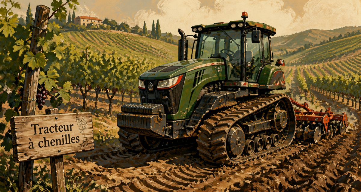 Tracteur à chenille moderne dans un vignoble vallonné