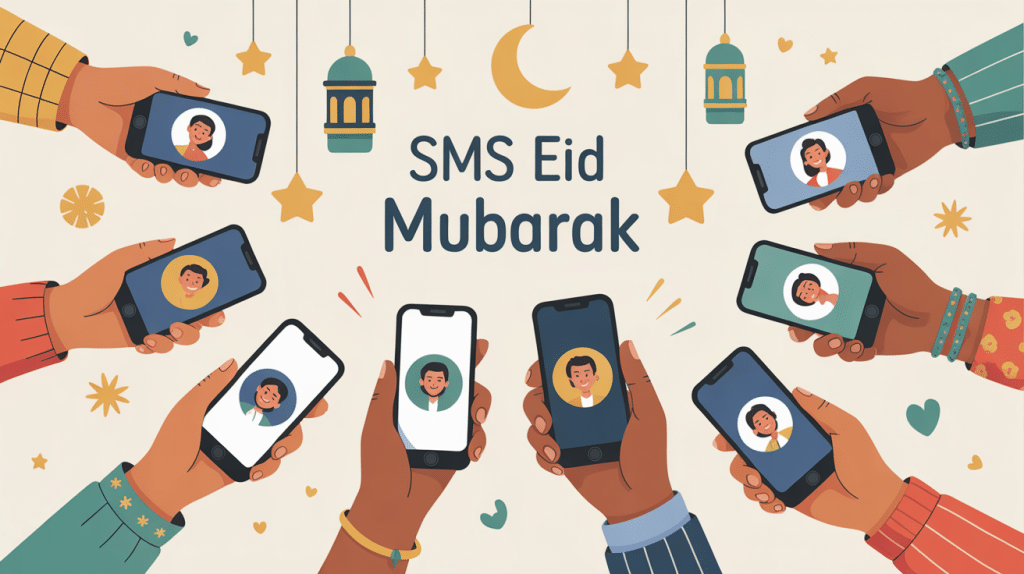sms eid mubarak illustration téléphones ambiance festive