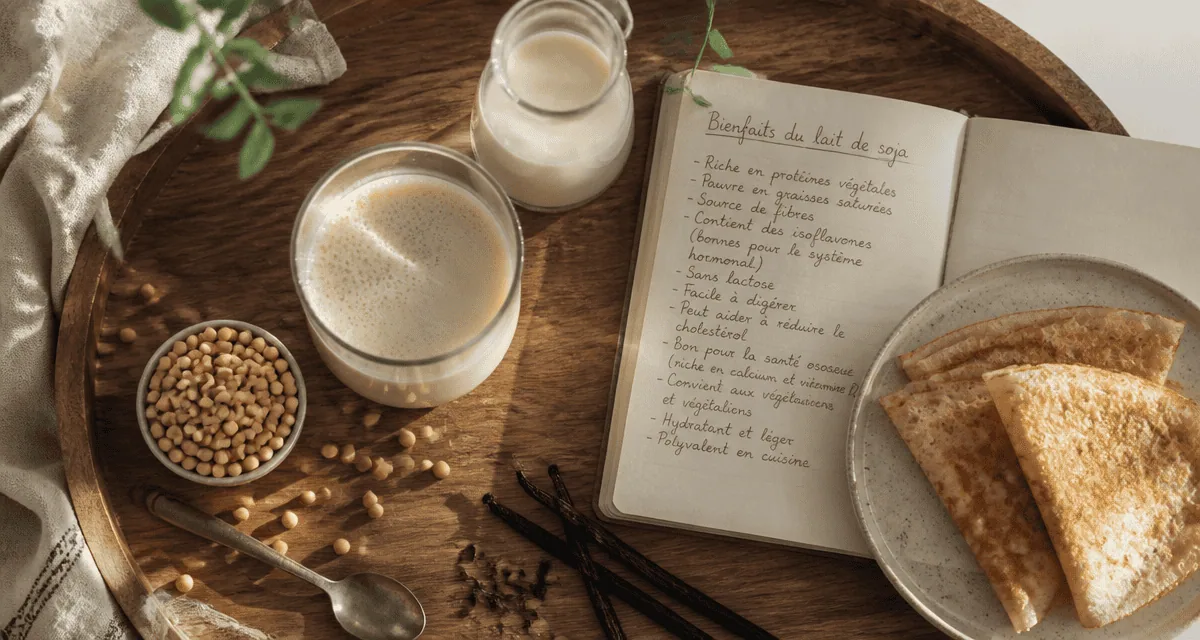 bienfaits du lait de soja sur un plateau avec verre et graines