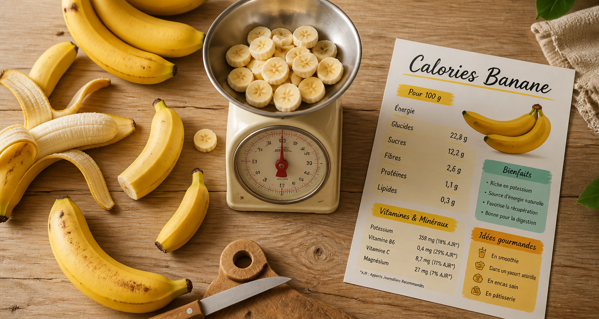 calorie 1 banane sans peau sur balance avec fiche nutrition