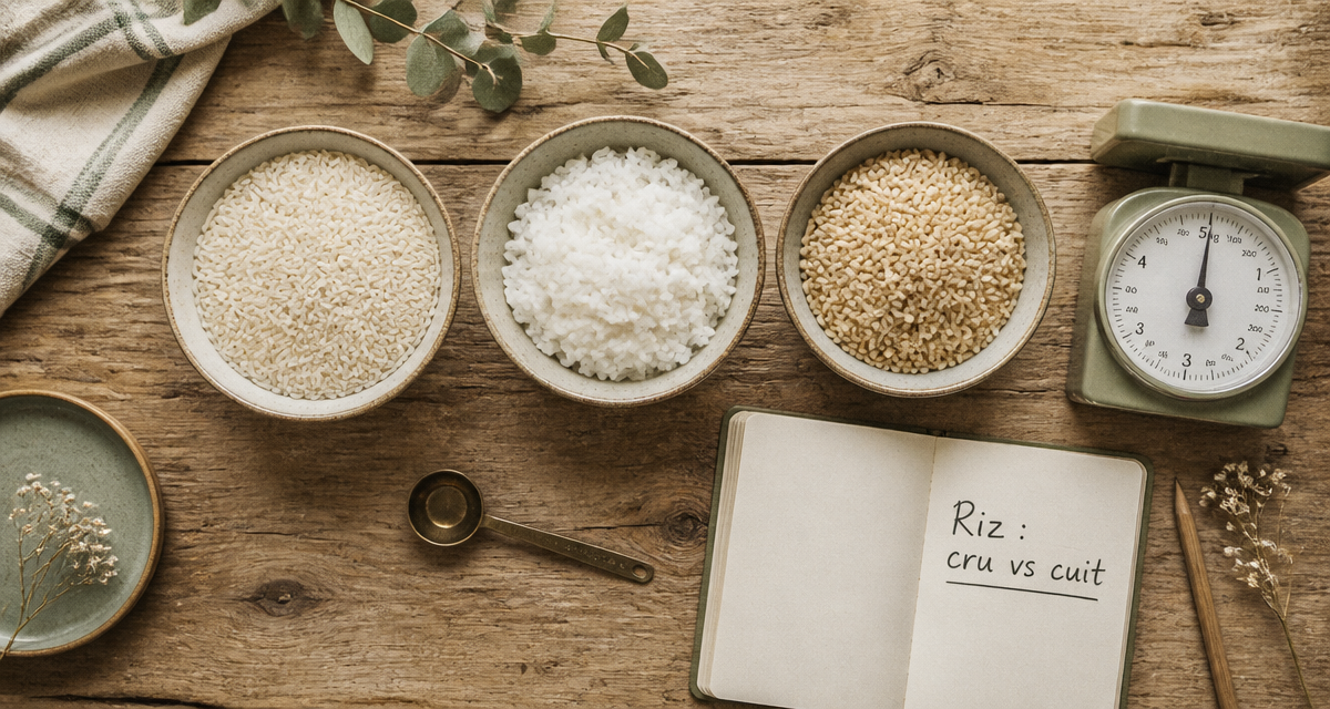calories dans le riz cru et cuit sur une table