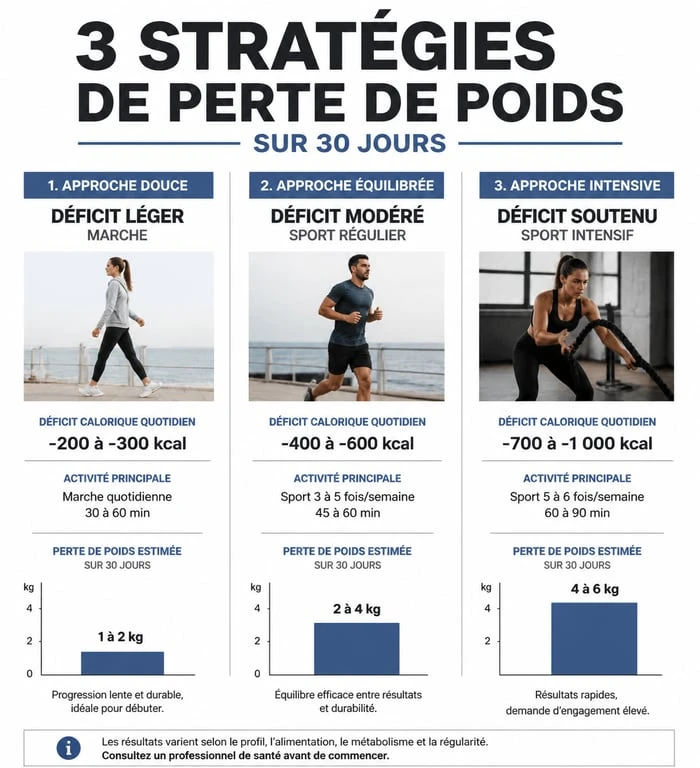 Infographie comparative des stratégies pour perdre du poids en 1 mois selon l'intensité