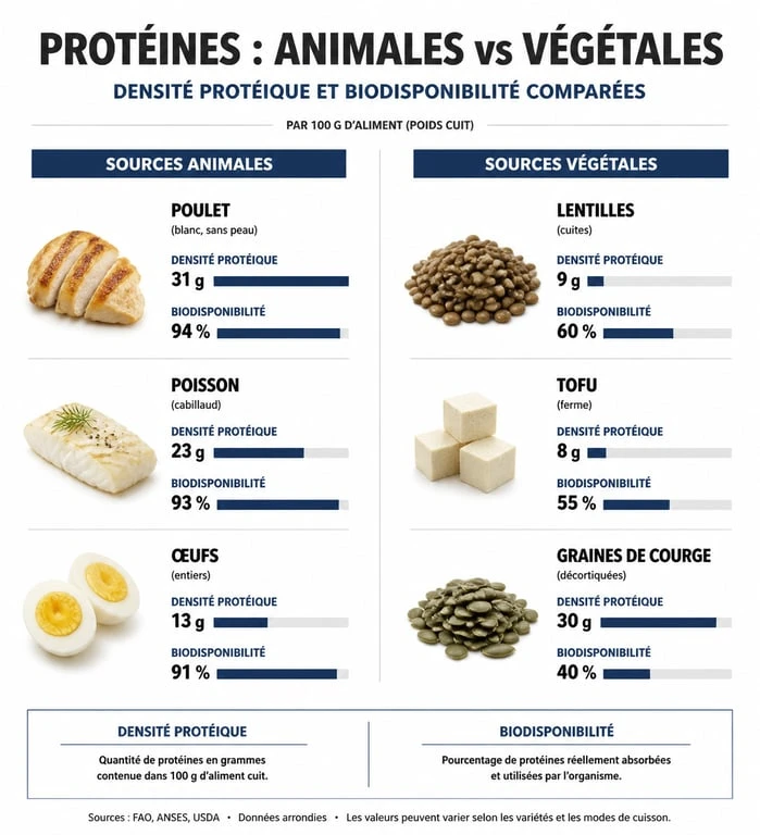Infographie comparative des sources de protéines animales et végétales et leurs apports nutritionnels