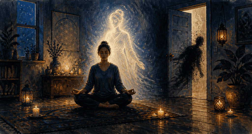 entité spirituelle méditation silhouette lumineuse ombre parasite