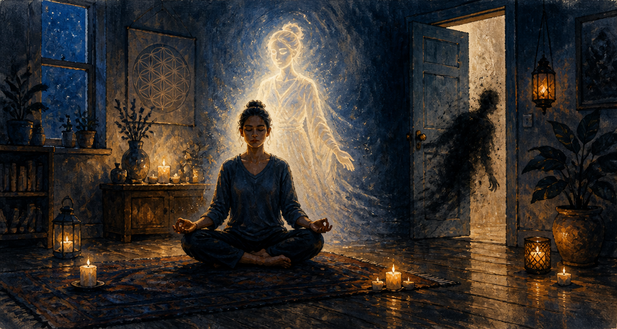 entité spirituelle méditation silhouette lumineuse ombre parasite
