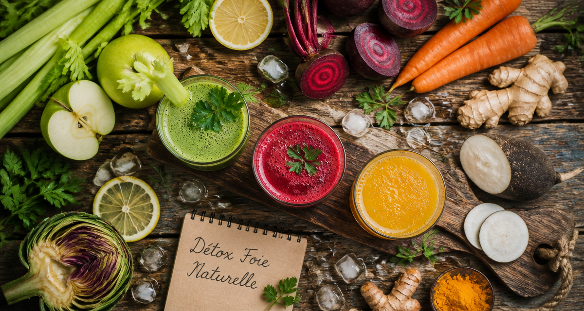 jus detox pour le foie planche bois trois verres