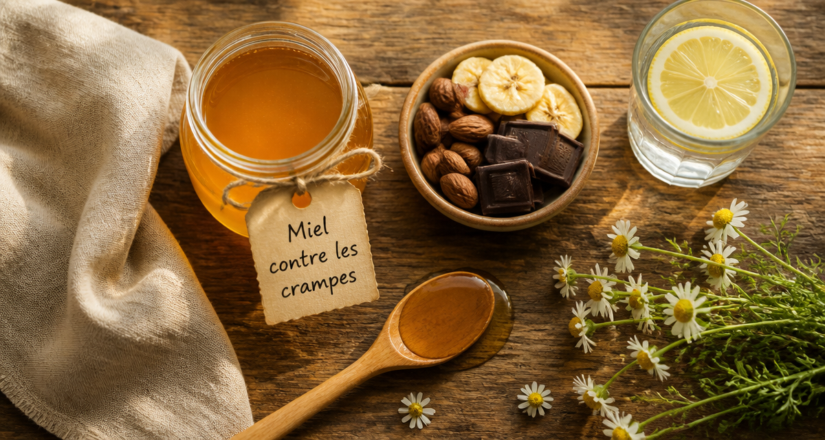 le miel contre les crampes, pot ouvert et cuillère de miel