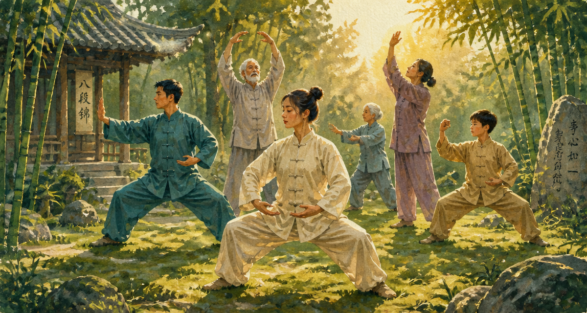 Les 8 postures du Qi Gong pratiquées en groupe dans un jardin