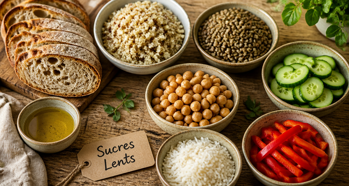 liste des sucre lent sur table avec bols et légumes