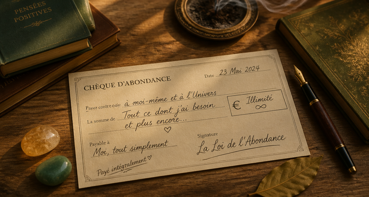 cheque d'abondance manuscrit sur bureau avec cristaux