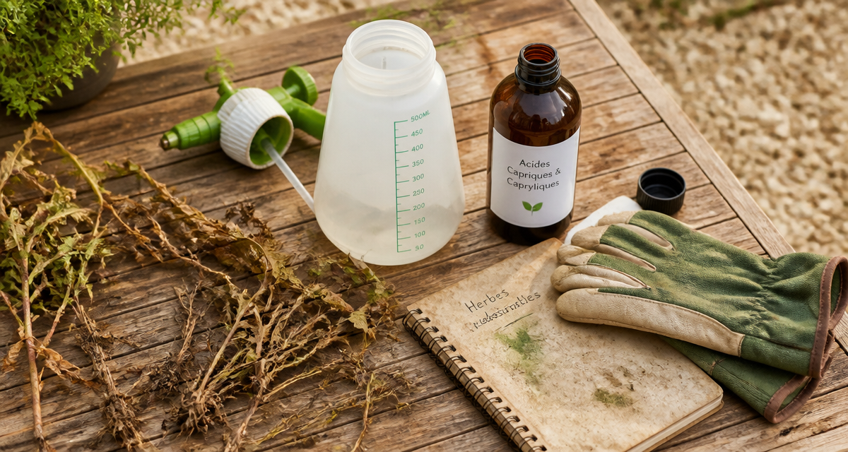 les acides capriques et capryliques sur une table de jardin