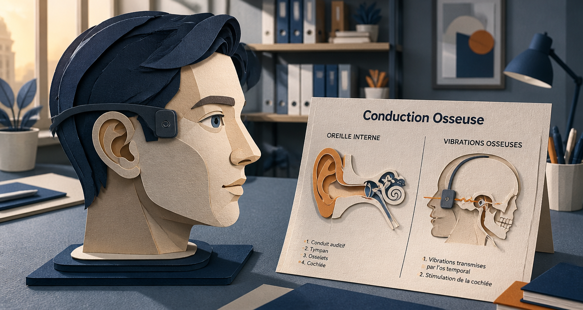 Ecouteur conduction osseuse danger sur tête avec schéma oreille