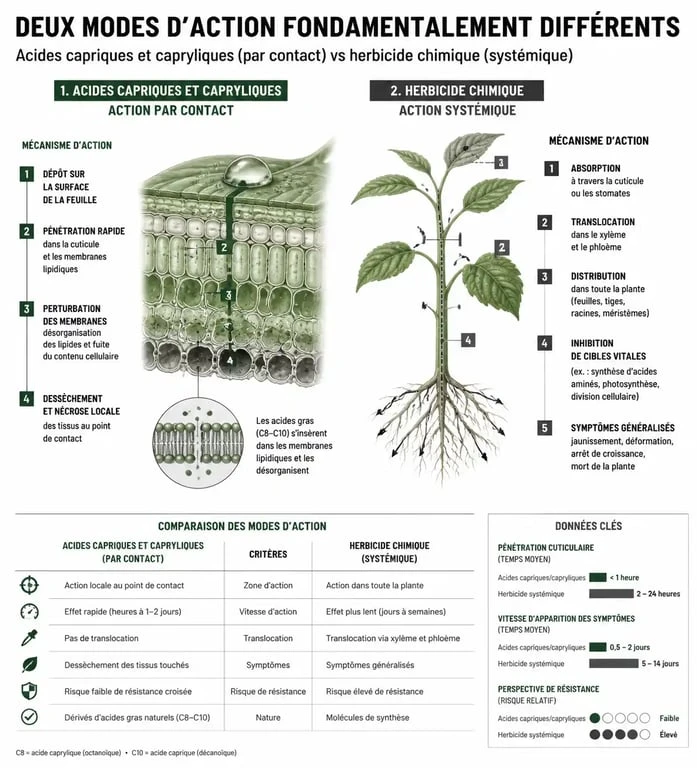Infographie comparant le mécanisme d'action des acides capriques et capryliques par contact avec les herbicides systémiques.