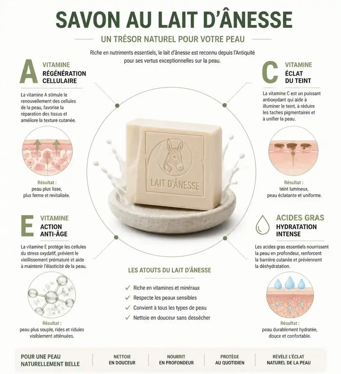 Infographie des bienfaits et propriétés du savon au lait d'ânesse pour la peau