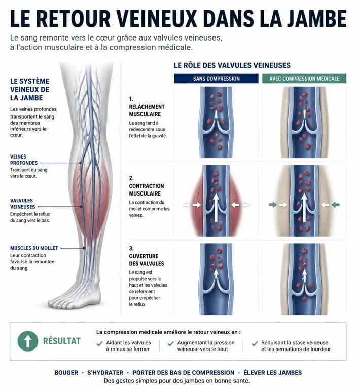 Infographie expliquant le mécanisme de l'insuffisance veineuse et les solutions pour les chevilles enflées chez les seniors