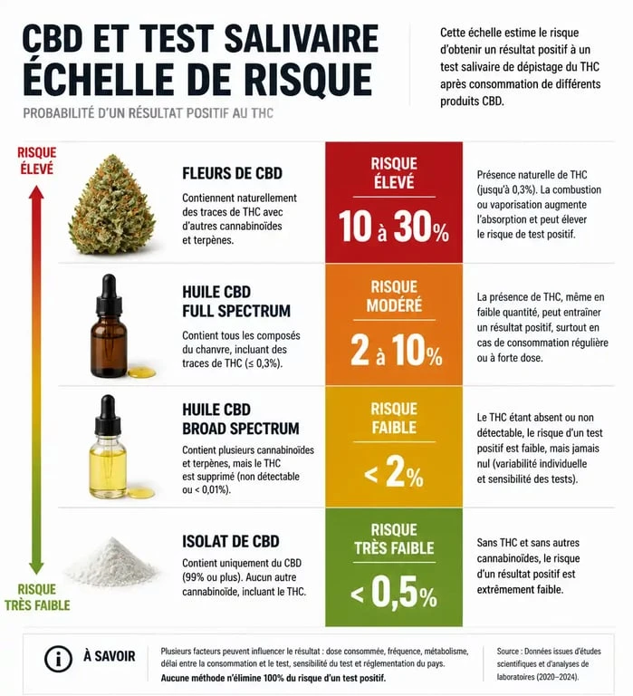 Infographie des risques de test salivaire positif au CBD selon le type de produit